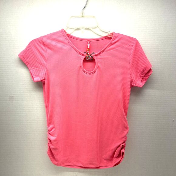 Cute 4 U Girls Pink Top with Rhinestone Butterfly Ruched at Sides Girls Size 14 - Picture 1 of 5